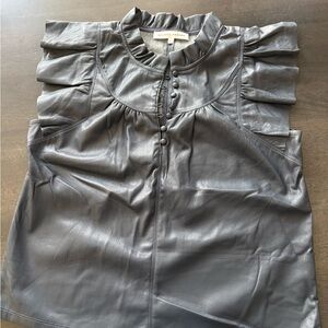 MELISSA NEPTON Navy Blue Faux Leather Ruffled Sleeve Blouse